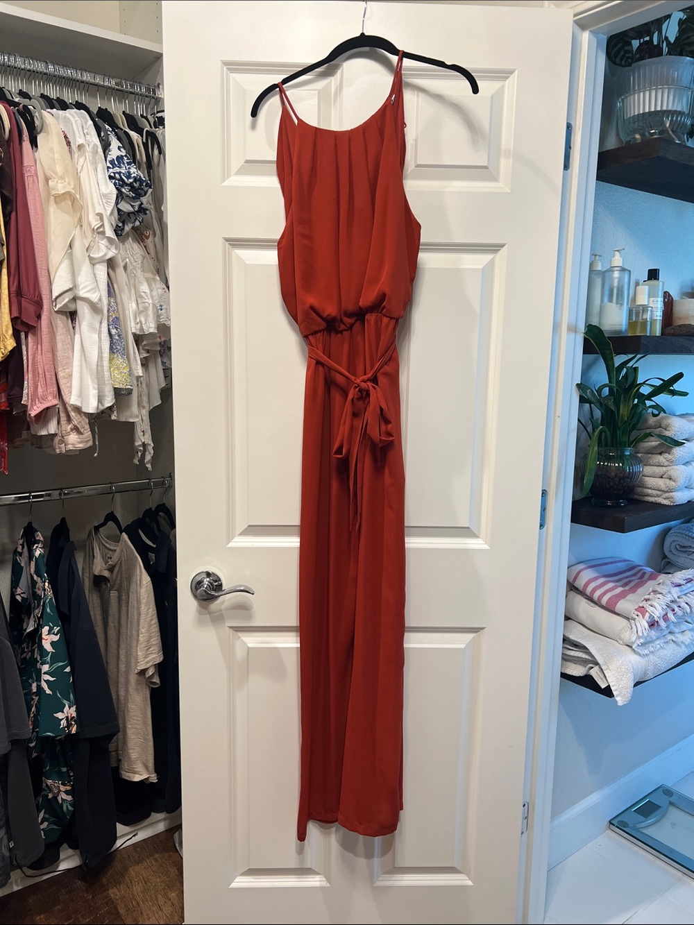 Lush Rust Orange Sleeveless Tie-Waist Jumpsuit